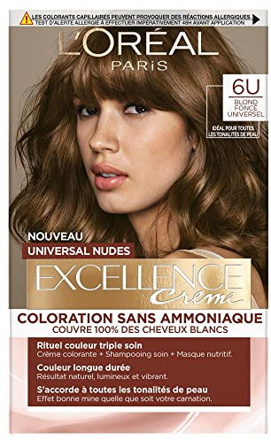 L’ORÉAL PARIS - Coloration Cheveux Permanente - Longue Durée - Résultat Naturel & Lumineux - Couvre 100% des Cheveux Blancs - Excellence Crème Universal Nudes - Nuance : Blond Foncé Universel (6U)