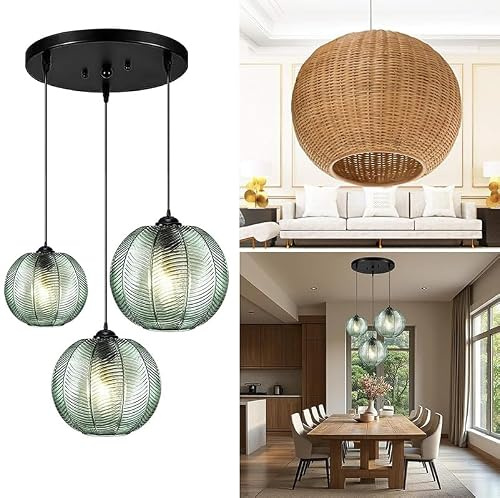 GCQ Lámpara Colgante 3 en 1 de Cristal Verde - Moderna del Siglo Medio Con Pantalla de Cristal Soplado - E26 E27 Para Techo de Sala de Estar