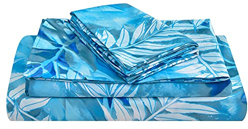 JSD Teal Blue Leaves Print Sheet Set Queen, 4 Piece Soft Botanical Pattern Microfiber Sheets Extra Deep Pocket