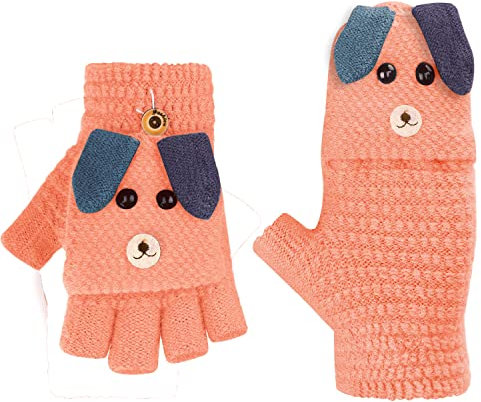 AfinderDE Kinder Fausthandschuhe Mädchen jungen Abnehmbare Klappe Strickhandschuhe Fäustlinge Handschuhe Fingerhandschuhe Fingerlos Halb Handschuhe Strick Handschuhe Winterhandschuhe (Rosa 6), L