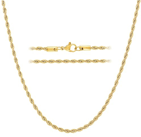 KISPER 18k Gold Hip Hop Braided Rope Chain Necklace – 2mm, 3mm, 5mm Gold Plated Solid Stainless Steel Durable Jewelry for Women & Men with Lobster Clasp