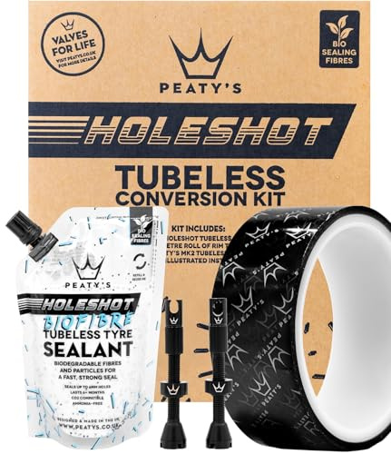 Peaty's Holeshot Tubeless-Umrüstkit - Enduro und DH, 35mm Felgenband, 42mm Tubeless Ventil, 2 x 120ml Biofibre Reifendichtmittel Fahrrad, Felgen- und Pannenschutz Fahrrad, Zubehör für Reifen & Felgen | Fahrrad-Set mit 37 mm Felgenband, 42 mm Ventilen, 2 x 120 ml Holeshot Biofaser-Dichtstoffbeutel, schlauchloses Flickzeug