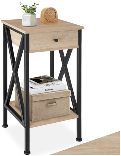 tectake® Industrial Möbel, Beistelltisch mit Schublade, Couchtisch mit Ablageflächen, Nachttisch schmal Schlafzimmer Deko,35 x 35 x 70,5 cm, Wohnzimmer Möbel - Industrial Holz hell, Eiche Sonoma