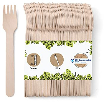 GREENBOX 100 Kuchengabeln Holz I Einmalbesteck Partybesteck Holzbesteck Besteck Einweggeschirr biologisch abbaubar, kompostierbar Holzgabeln I stabiles Einwegbesteck Gabeln 14 cm