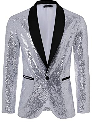 Coucoland Silver Sequin Blazer Men-Shiny Jacket Disco Outfit Men for Party（Silver,L）