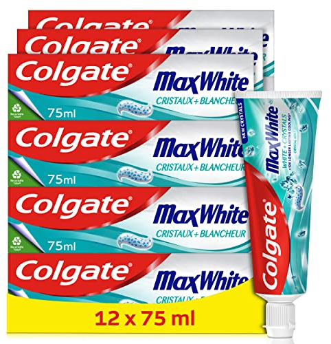 COLGATE - Zahnpasta Colgate Max White, weiße Kristalle, Weißer Zahnpasta, recycelbare Tube, 12 Tuben mit 75 ml
