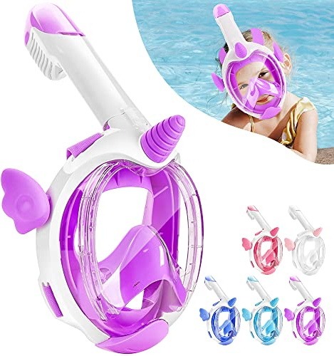 HINATAA Máscara de Buceo para Niños, 180°Panorámica Anti-Vaho,Máscara y Antifugas con Doble Vía de Flujo de Aire,para Niños de 4 a 10 Años(Morado),Blanco,Rosa,Azul,Morado,Azul Oscuro