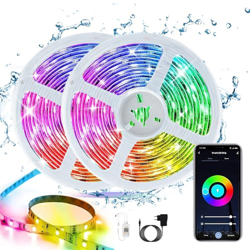 CILIENG Wasserdichter LED Streifen 12m, IP65 Wasserdichter RGB Mehrfarbig LED Strips, 16 Mio. Farben Selbstklebend LED Farbwechsel Lichtband, Sync mit Musik LED Leiste für TV Schrankdek