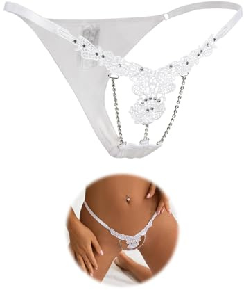 ohmydear Floral G String Thongs for Women Sexy Rhinestones Micro Thong Underwear Set Plus Size Bikini Panties Shiny White Tanga Briefs Ladies Knickers Uk 10
