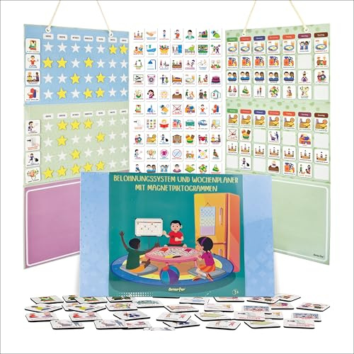 Smarfer – Montessori-Wochenplaner für Kinder – 98 Piktogramme · 4 x 4 cm | Magnetischer Montessori-Wochenplaner und Belohnungstafel für Kinder; 98 Piktogramme, 280 Sticker und 72 Belohnungssterne
