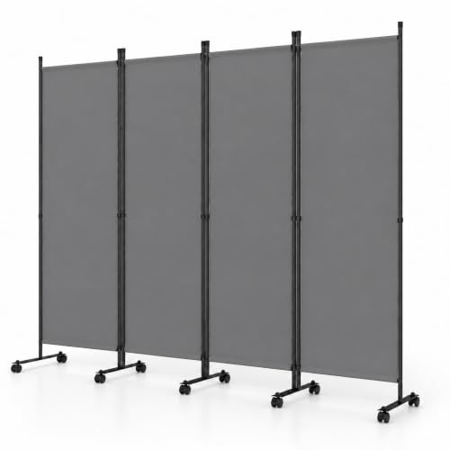 LIFEZEAL 4 Teilig Raumteiler Faltbar, 225 x 173 cm Trennwand mit Rollen, Raumteiler Stehend aus Metallrahmen, Paravent Stellwand für Wohnzimmer & Esszimmer