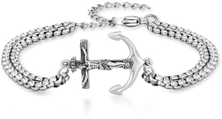 ZIPPICE Pulseras de ancla para mujer de plata de ley 925 con cruz de Jesús, pulsera de crucifijo, pulsera de santo patrón para hombre, joyería de amuleto con cadena ajustable de 7 pulgadas + 2
