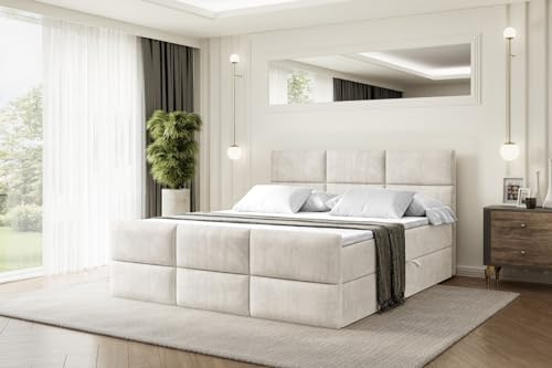 ALTDECOR Boxspringbett mit Matratze und Lattenrost, Boxbett, Topper, Fußteil, Polsterbett mit Bettkasten, Bett mit Stauraum H4-Matratze, Doppelbett, Springboxbett - Ohio-Z - 180x200 Beige Samt