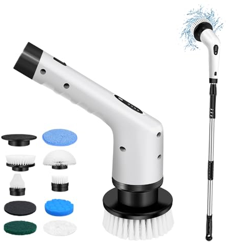 Cordless Floor Scrubbing Brush, Electric Spin Scrubber, Handheld Rechargeable Cleaning Brush, Lightweight & Portable, with 9 Replaceable Brush Heads and Extension Pole for Multiple Cleaning