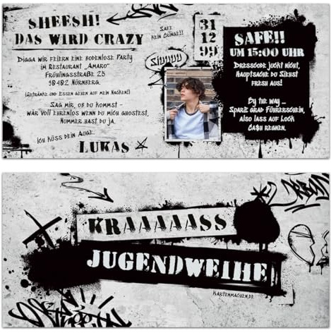 Personalisierte Jugendweihe Foto Einladungskarten Graffiti Jugendsprache ab 10 bis 100 Stück selbst gestalten, DIN Lang 210x98mm mit dickem 300g/qm Kartonpapier