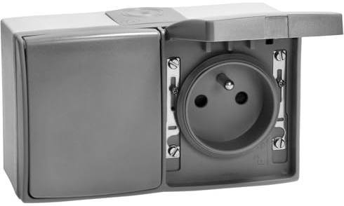 MIRATIC Prise Electrique Murale Simple ou Double Prise Exterieure Etanche avec/sans Interrupteur Prise en Saillie Multiprise Exterieur Etanche IP55 gris (prise double)