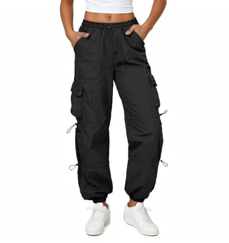Friptspyg Pantaloni Cargo Donna Pantaloni da Trekking Leggeri con Tasche Pantaloni da Escursionismo Impermeabili Cintura Outdoor Sportivi Pantaloni da Jogging, Nero XXL