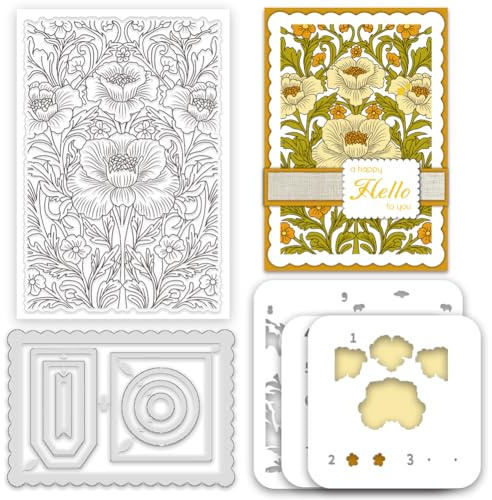 INFUNLY 3 Stück Transparente Stempel Und Stanzformen Set Mit Blumenmuster Für Die Kartengestaltung Rechteckiger Metallrahmen Stanzungen DIY Blumen Malschablonen Blumen Gummistempel Für Scrapbooking Ba