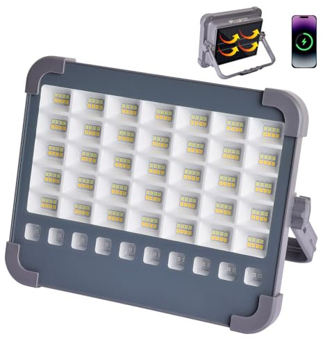 MASMEJOR Faro LED Ricaricabile 100W, Faretto LED Ricaricabile 10000LM 6000mAh con Pannello Solare, 5 Modalità di Illuminazione, Faro a Batteria Ideale per Campeggio, Lavoro, Pesca