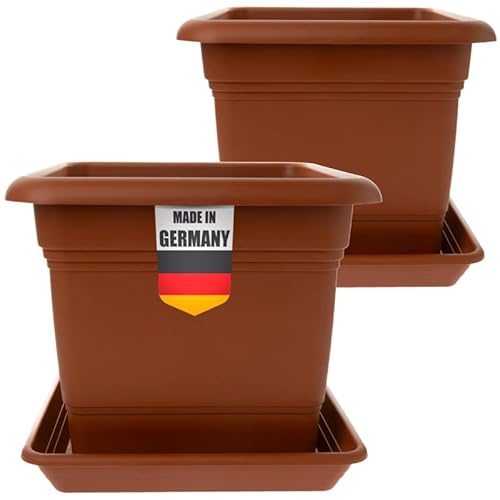 Vaso da fiori grande esterno 48 x 48 cm con sottovaso (set da 2) – Vaso da fiori resistente al gelo esterno in plastica – Made in Germany – Fioriera grande – Terracotta
