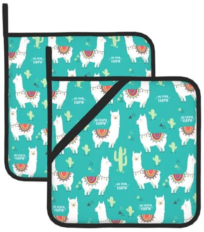 YHBLYKXP Set di 2 presine bianche con stampa di lama e cactus, da cucina, resistente al calore, per barbecue