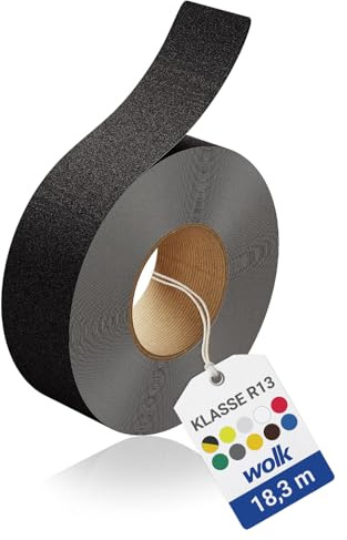 wolk Antirutsch Klebeband R13 Schwarz (50,0 mm x 18,3 m) – Selbstklebendes Anti-Rutschband für Treppen, Rampen & Böden – Rutschhemmung nach BGR 181 – Innen & Außen, extrem belastbar