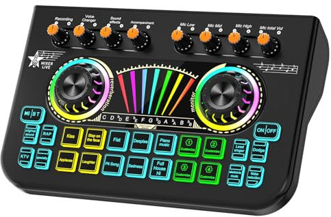 Audio Mixer, Sound Board for Pc/Phone Live Streaming Gaming, Audio Interface for 3.5mm/Xlr Dynamic Microphone, Live Sound Card with DJ Mixer Effects Voice Changer, Denoise, Lead Singing Podcast Mixer