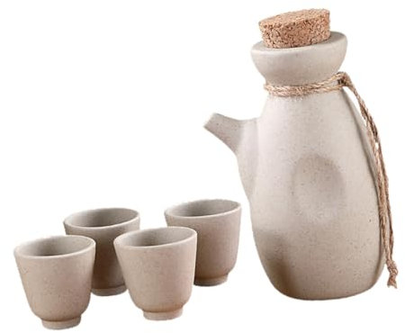 MOLUCKFU Keramik Sake Satz 1 Flasche 300ml 4 Becher 50ml Japanischer Stil Sake Halter Spirituosen Vorratstopf Glasiert Glatt Poliert