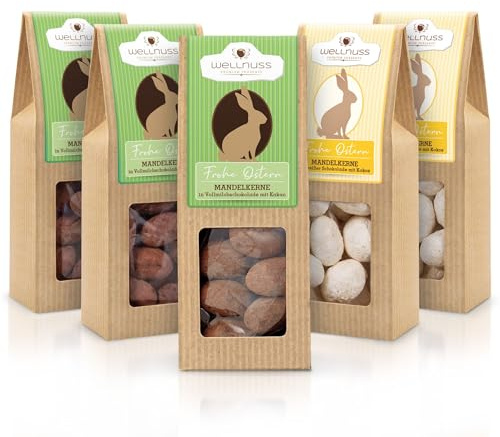 WELLNUSS Oster Geschenk 300g – 3x Trüffelmandeln & 2x Kokosmandeln | Stilvolles Ostergeschenk mit feinen Trüffelmandeln und Kokosmandeln in einer erlesenen Schokoladen-Mischung