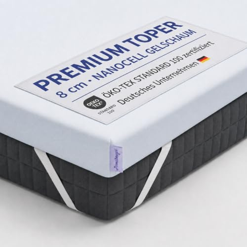 Arensberger Premium Topper 90x200 cm | 8cm hoch, H3, Geltopper, waschbar | Waschbarer Bezug, kühlende Matratzenauflage, für Federkern & Schaumstoffmatratzen, druckentlastend, atmungsaktiv & kühlend