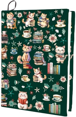 craspire Housse de Livre Extensible en Forme de Chat Motif Tasse à Café Motif Fleurs Housse de Livre Élastique Jusqu'À 9 x 11 Pouce Réglable Réutilisable Lavable en Tissu pour Cahiers à Couverture