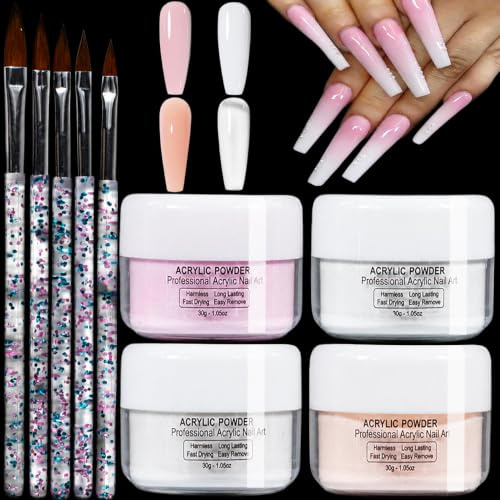 Kit de poudre acrylique pour ongles : 30 g de poudre à ongles – 4 couleurs (rose nude blanc transparent) avec 5 stylos à ongles – Kit d'extension pour manucure