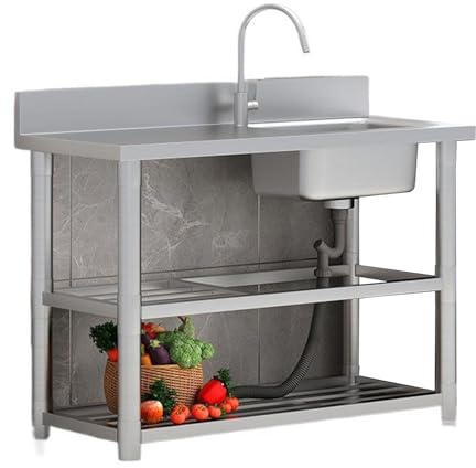 KCCRHIN Fregadero INOX 1 Cubeta para Cocina Fregadero con Patas, Encimera Y Estante Fregadero De Jardín Exterior Fregadero Comercial Utilitario Fregadero para Garaje/Restaurante,80x50x80cm