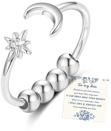 Senteria Anxiety Rings for Women Girls 925 Sterling Silver Thumb Rings Adjustable Open Rings with Spinner Beads Moon Star Fidget Ring for Gifts With Inspirational Card