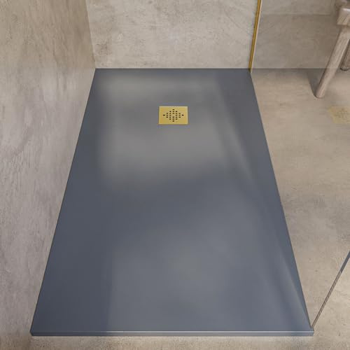 SOULBATH Plato de Ducha - Resina - Gel Coat - Textura Liso/Piedra - Antideslizante - Color Gris Cemento - 110x100- Extraplano 3cm. Incluye Válvula de desagüe - REJILLA GOLD