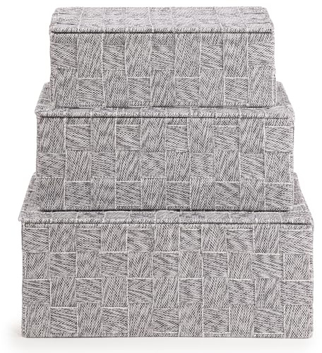 EHC Set of 3 Woven Nestable Storage Box with Lid, Lightweight Woven Basket for Shelves, Lidded Organiser Hamper Baskets - Grey