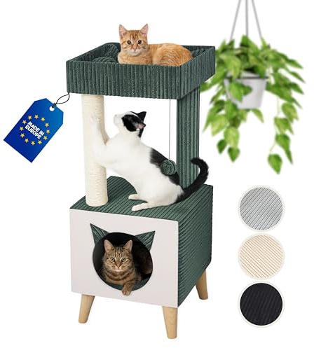 Outentin Premium Kratzbaum für Katzen – Stabiler Katzenturm mit Katzenhöhle, Waschbaren Bezügen & Liegefläche – Modernes Katzenmöbel, Kratzsäule aus Natur-Sisal, Mittelgroß - 85 x 35 x 34cm - Grün