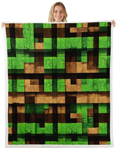 Miners Pixel Games Throw Blankets,Green Brown Grid Stripe Fleece Blanket ,Kids Girls Boys Adult 3D Video Games Fuzzy Blankets Build Sandbox Theme Sherpa Blanket Chair Sofa Bed Decor ,50×60