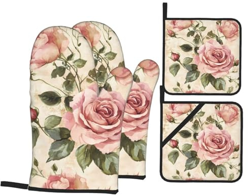 Pink Rose 4 Piece Oven Mitts And Pot Holders Set – Heat Resistant Waterproof Kitchen Gloves, Hot Pads With Pocket