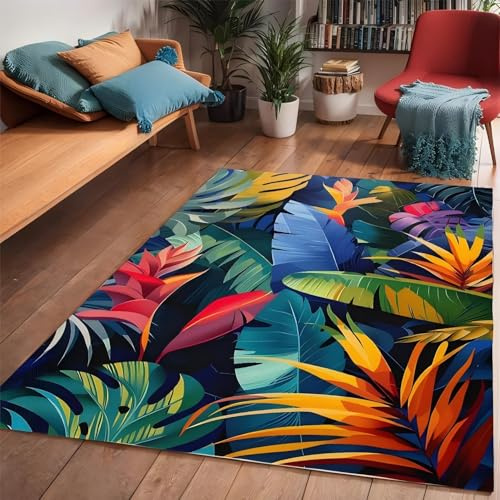 RICAUOU Retro Leaf Area Rug, 100x150cm Large Carpet Tropical Green Forest Natural Landscape of Palm and Monstera Leaves, Non-slip Washable Botanical Rugs for Entryways, Studies, and Offices