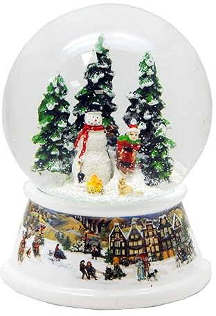 Nostalgie-Schneekugel mit Porzellan-Sockel Kind auf Schlitten mit Schneemann Spieluhr 10cm Durchmesser * 20100