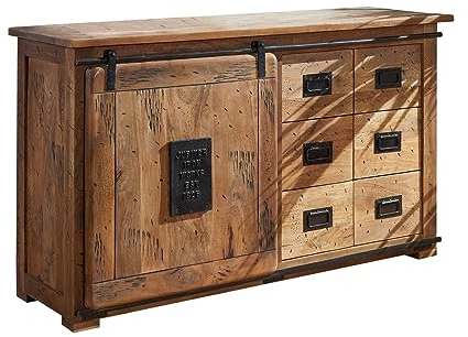 MASSIVMOEBEL24.DE|Railway breite Kommode aus Massivholz #121 | aus Mangoholz - Natur, lackiert | 140x45x85 cm | 2 Fächer, 6 Schubladen - mit Schiebetür | Sideboard Schrank