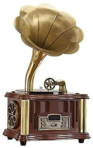 HUIBBGO Plattenspieler, Retro-Plattenspieler, All-in-One-Vintage-Phonograph, nostalgisches Grammophon für Schallplatten mit Kupferhorn, eingebautem Lautsprecher, 3,5-mm-Aux-Eingang/USB/FM-