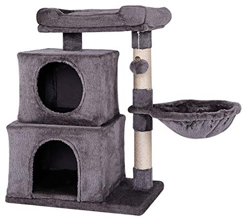 lionto Klösträd för katter med plyschboll inkl. bjällra & hängsäng, höjd 70 cm, kattträd med sisal & plysch, mysig liggyta & kojor, passar små & stora katter, mörkgrå