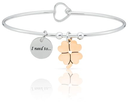 SAGA GIOIELLI® BRACCIALE RIGIDO DONNA FRASI PENSIERI PAROLE EMOZIONALE INCISIONE ACCIAIO CUORE ROSE' (Quadrifoglio portafortuna)
