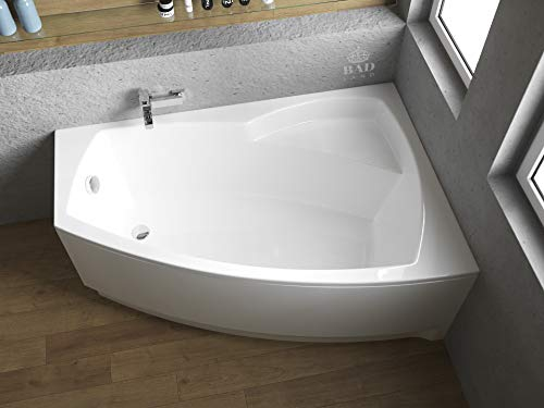 BADLAND Badewanne Original Weiß Acryl Wanne Eckbadewanne FRIDA 140x90 Rechts KOMPLETTSET SET mit Weiß Acrylschürze + Füßen und Exklusive Chrom Automatik Ablaufgarnitur Made in EU 4in1