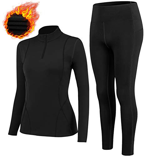 TBoonor Intimo Termico Donna Imbottito con Collo Alto, Tuta da Sci Set Pantaloni e Maglia Termica Asciugatura Rapida Maglie Termico Donna per Sci Corsa Palestra Nero-S