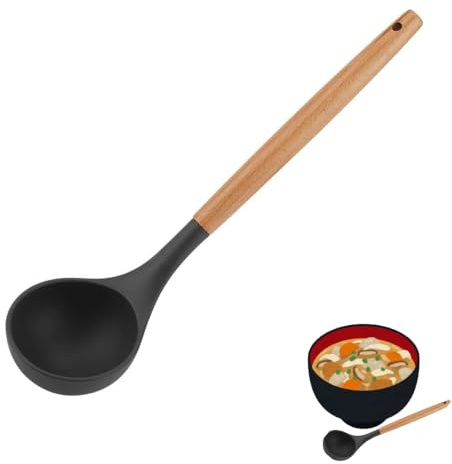 VIFERR Soup Ladle, Silicone Spoon Non-Stick Kitchen Utensil Heat Resistant Serving Spoon with Wooden Handle Cooking Tool for Cooking & Serving Soup