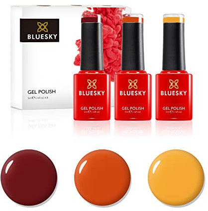 Bluesky Juego de esmaltes de uñas en gel, Burnt Sunset, Banana Mania Lt129, Orange Sweetie A012, Paradise Deep Red 80575, 3 x 5 ml, (requiere curado bajo lámpara UV o LED)