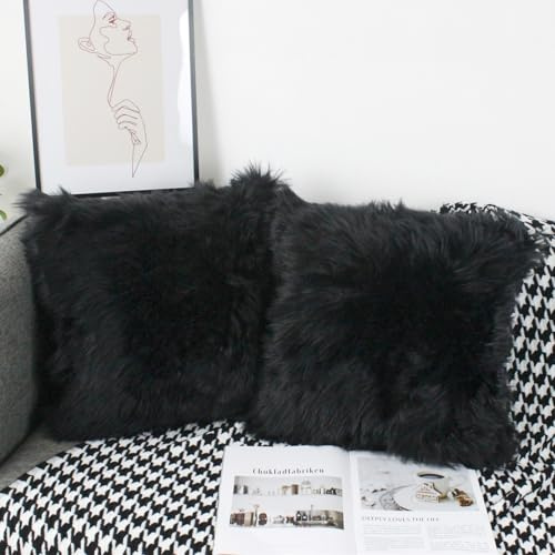 OYIMUA Set di 2 federe decorative morbide in pelliccia di agnello sintetico a pelo lungo, per divano (nero, 40 x 40 cm)
